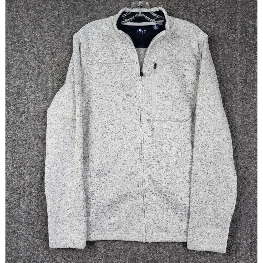 Chaps Sweater Fleece Jacket‎ Mens Medium Gray Marled Full Zip Mock Neck Pocket